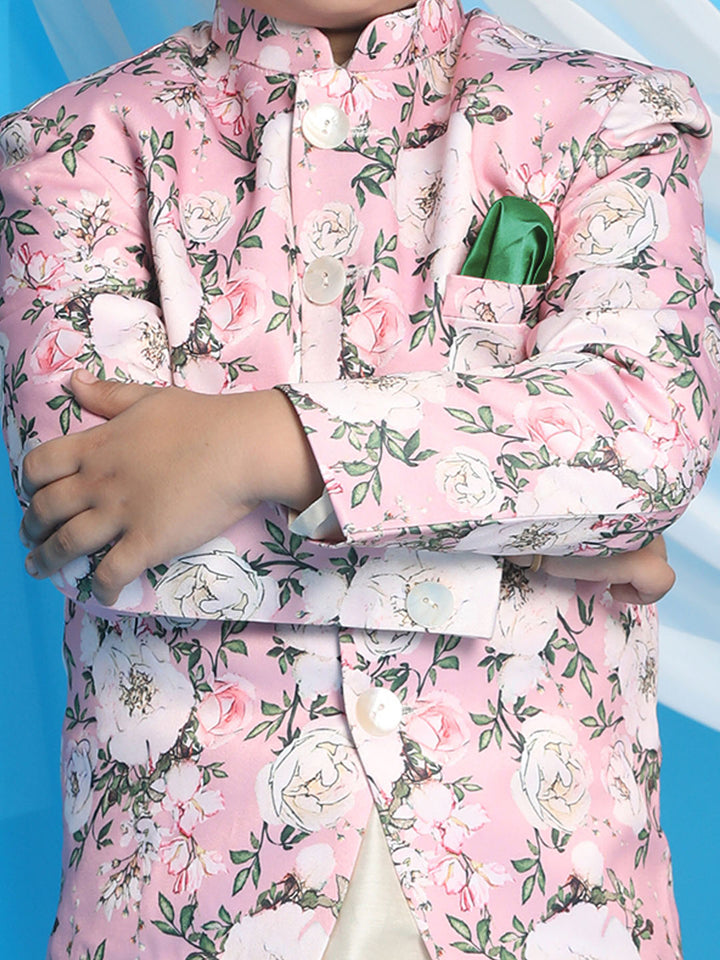 Boys’ Floral Printed Pink Bandhgala Prince Coat Jodhpuri with Cream Kurta Pyjama Set