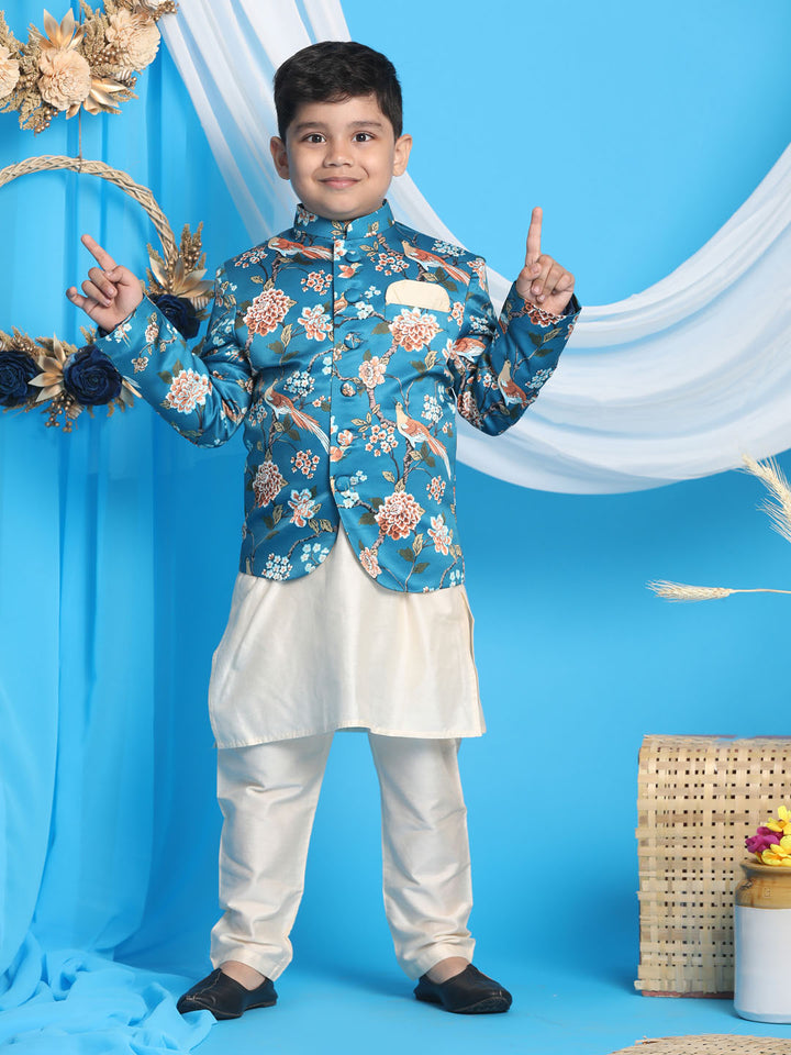 Boys’ Floral Printed Turquoise Blue Bandhgala Prince Coat Jodhpuri with Cream Kurta Pyjama Set