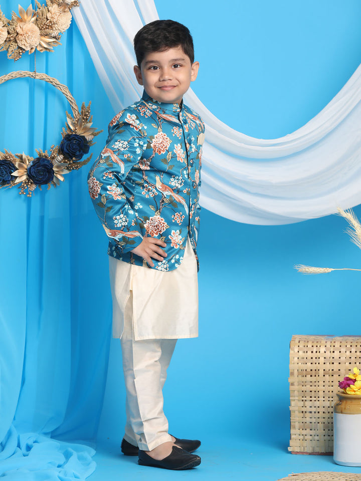Boys’ Floral Printed Turquoise Blue Bandhgala Prince Coat Jodhpuri with Cream Kurta Pyjama Set