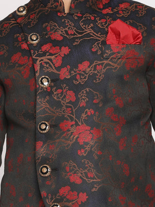VASTRAMAY Boys Maroon Woven Design Silk Blend Bandhgala Blazer