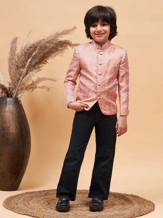 VASTRAMAY Boy's Pink Silk Blend Woven Jodhpuri