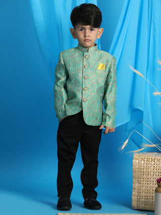 VASTRAMAY Boy's Green Woven Design Jodhpuri
