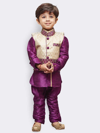 Boys' Purple Cotton Silk Kurta, Waistcoat and Pyjama Set