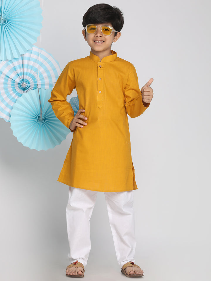 Boys Mustard And White Kurta Pyjama Set