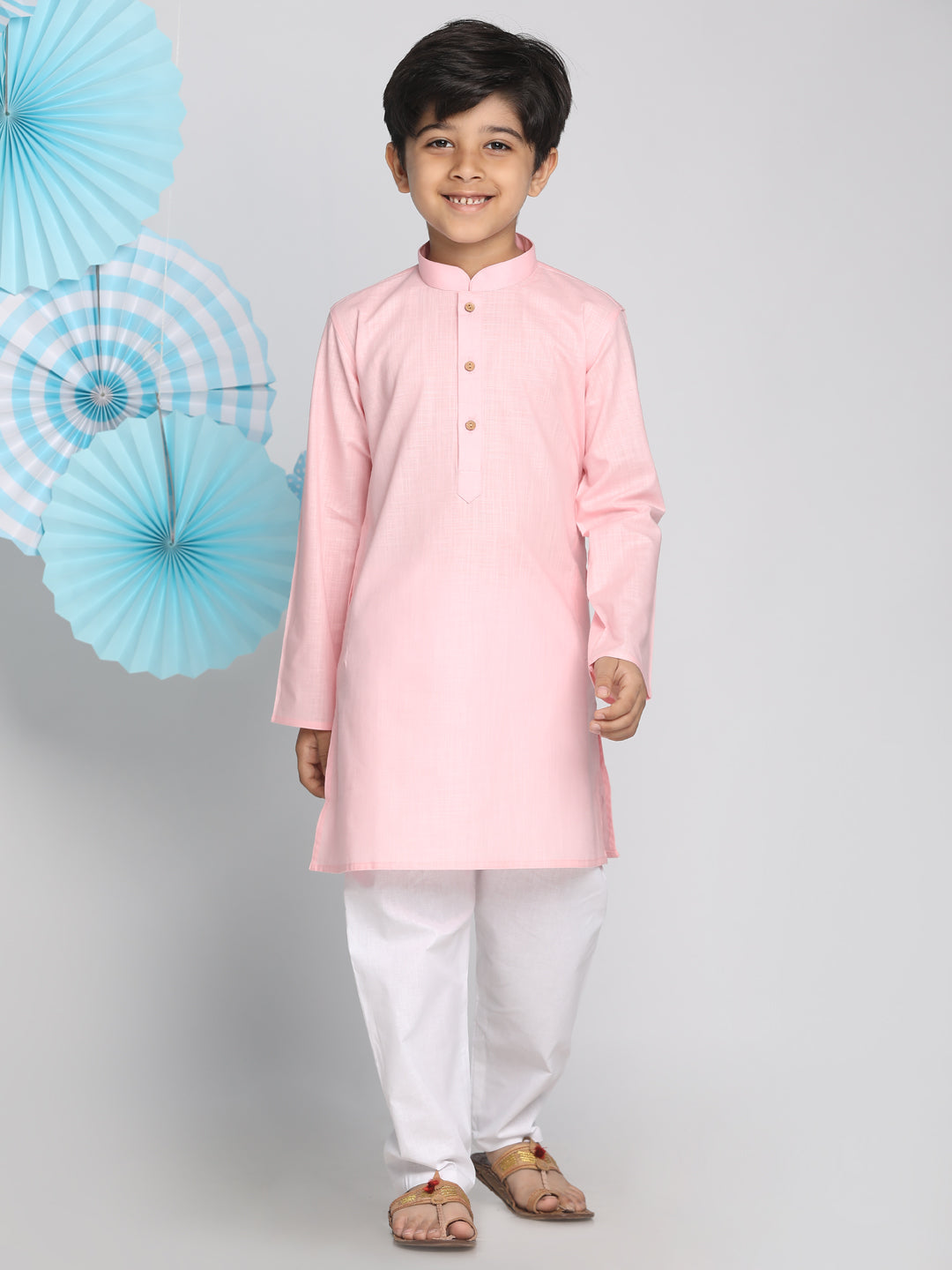 Boys Pink And White Kurta Pyjama Set