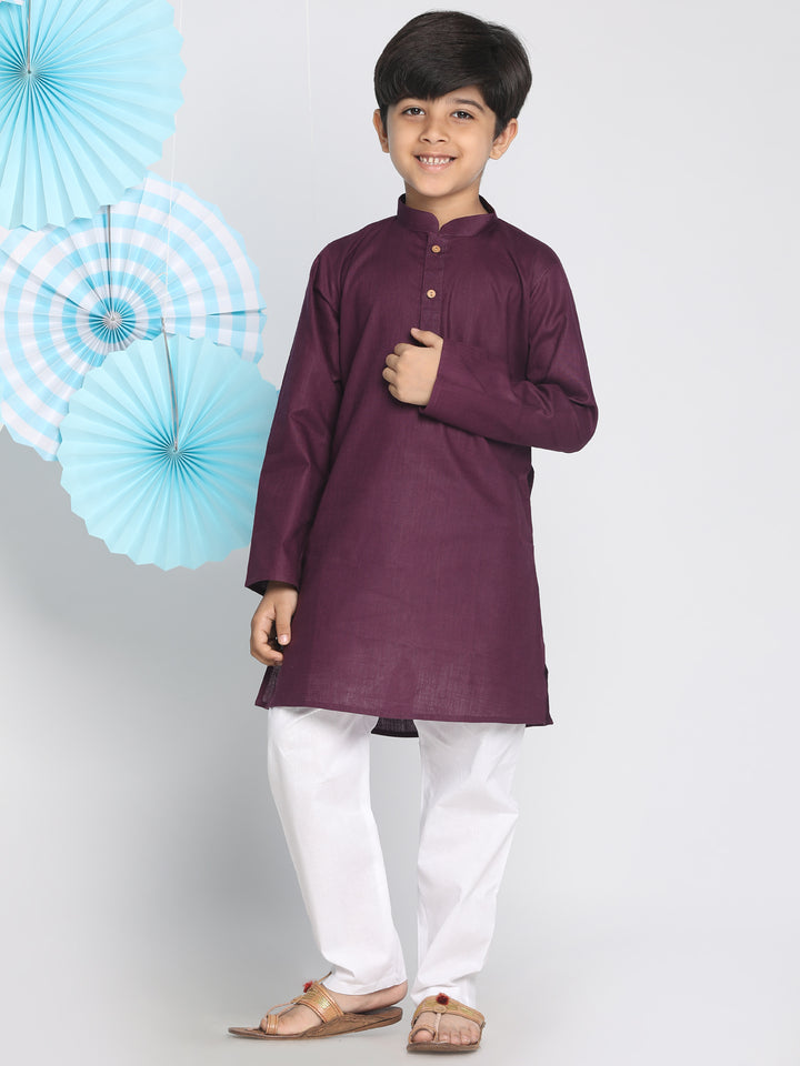 Boys Purple And White Kurta Pyjama Set