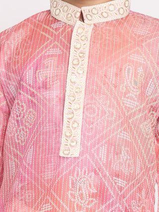 VASTRAMAY Boys' Pink And Cream Kurta Pyjama Set