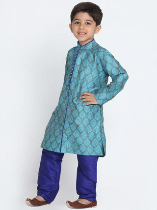 Boys' Light Blue Cotton Silk Blend Kurta and Pyjama Set