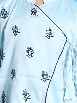 VASTRAMAY Boys' Aqua Blue Embroidered Krishna Kurta And Dhoti Set
