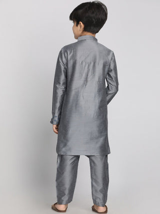 VASTRAMAY Boys Grey Layered Asymmetric Kurta with Pyjama