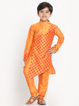 VASTRAMAY Boys Orange Ethnic Motifs Angrakha Kurta with Pyjamas