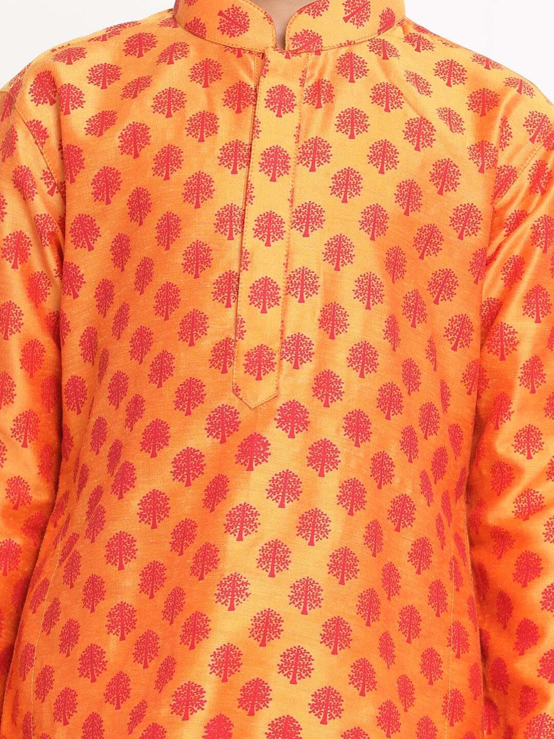 Boy's Orange Printed Design Kurta With Churidar