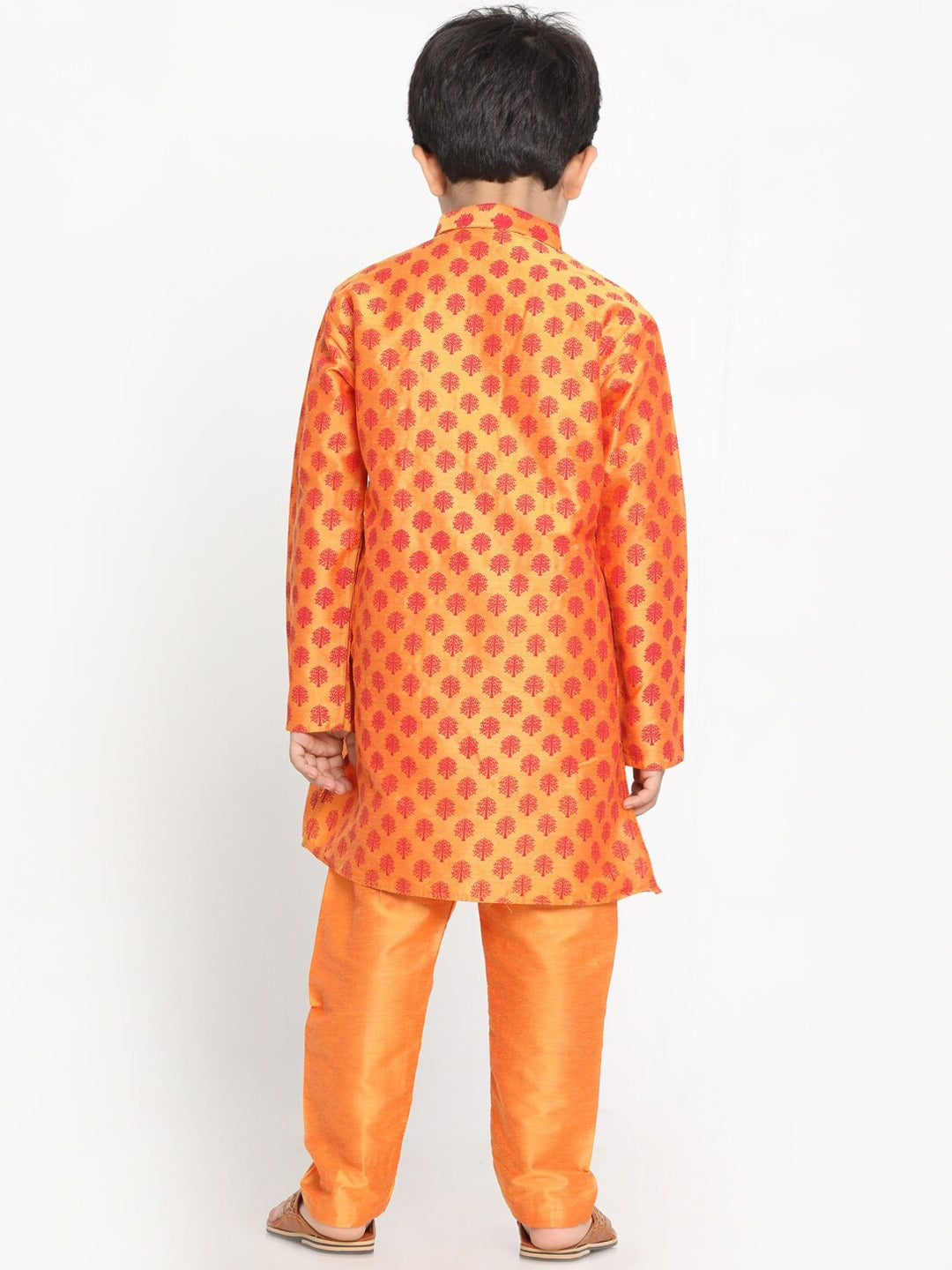 Boy's Orange Printed Design Kurta With Churidar