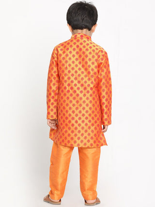 VASTRAMAY Boy's Orange Printed Design Kurta with Churidar