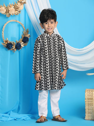 VASTRAMAY Boy's Black Chikankari Thread Work Kurta And White Pyjama Set