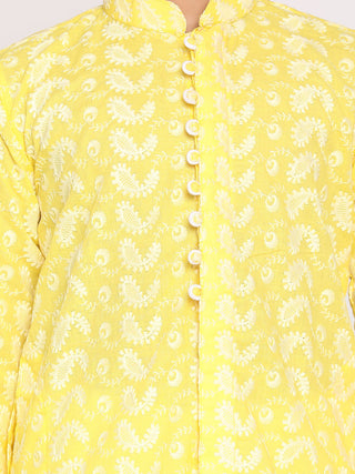 VASTRAMAY Mustard Pure Cotton Chikankari Kurta Pyjama Baap Beta