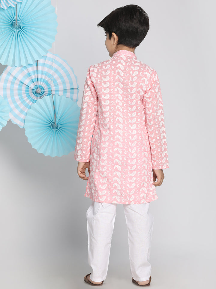 Boys Pink And White Kurta Pyjama Set