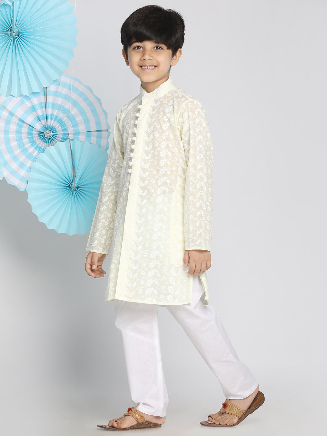 Boys Yellow And White Kurta Pyjama Set