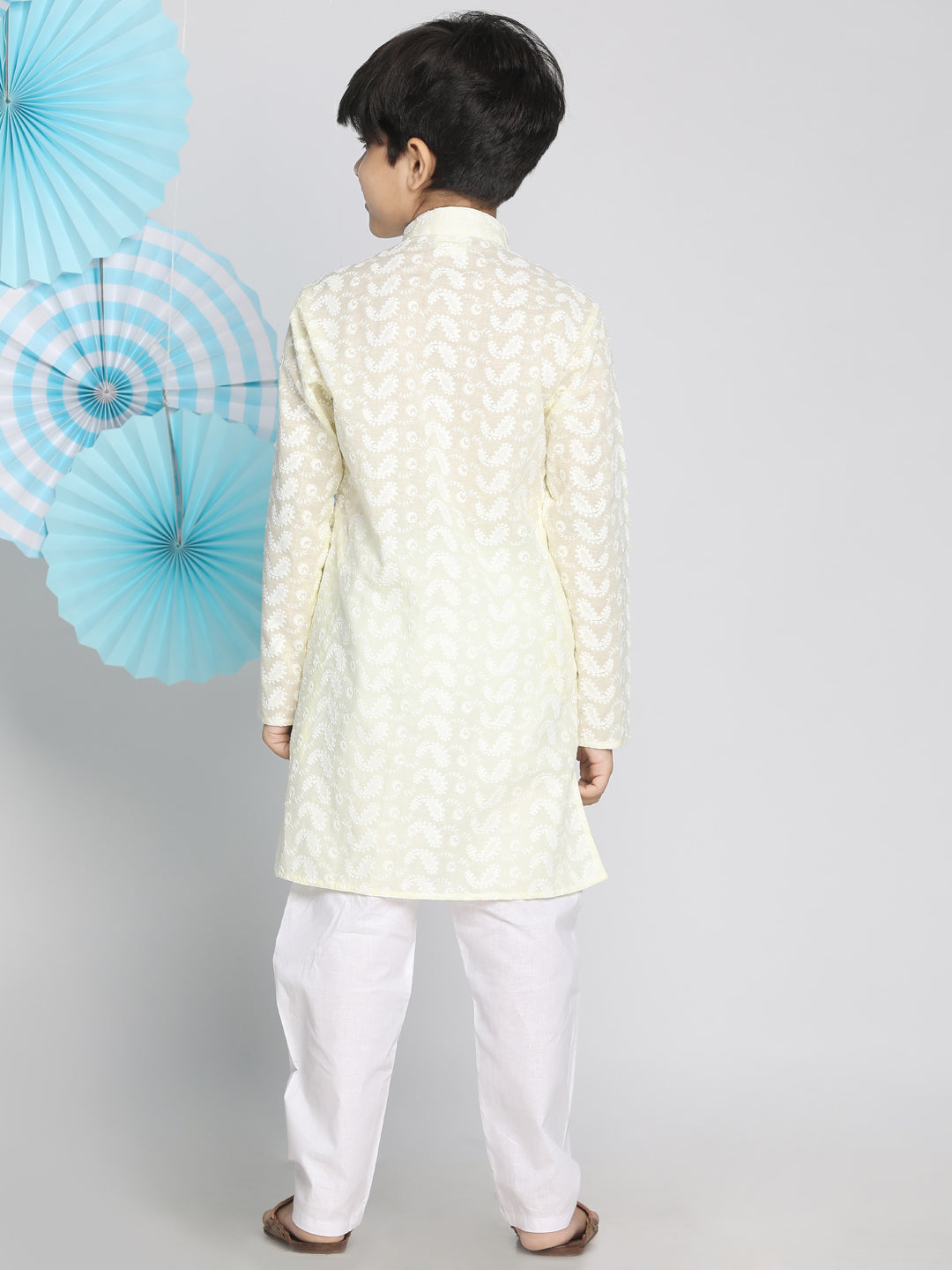 Boys Yellow And White Kurta Pyjama Set