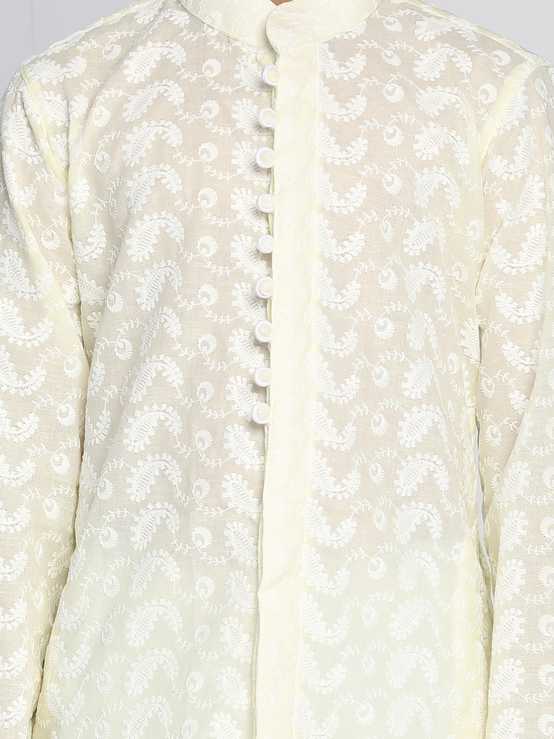 Boys Yellow And White Kurta Pyjama Set
