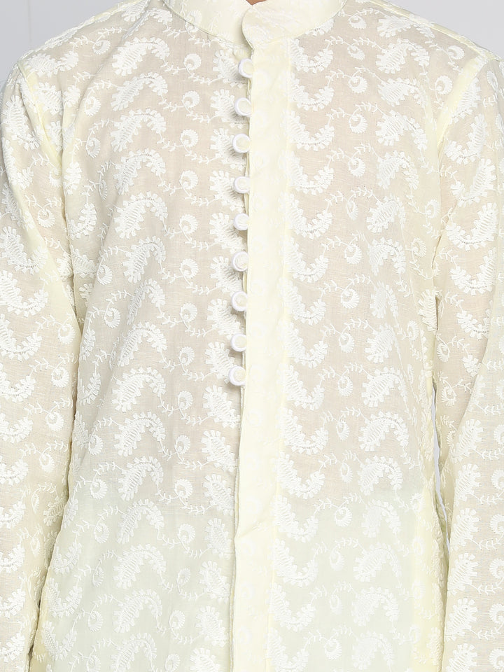 Boys Yellow And White Kurta Pyjama Set