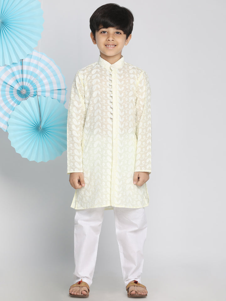 Boys Yellow And White Kurta Pyjama Set