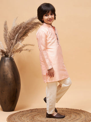 VASTRAMAY Boy's Peach Silk Kurta Pyjama Set