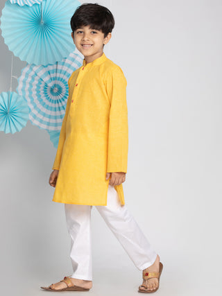 VASTRAMAY Boys' Yellow And White Kurta Pyjama Set
