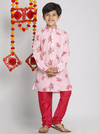 Vastramay Multicolor-Base-Pink Muslin Blend Baap Beta Kurta Pyjama Set