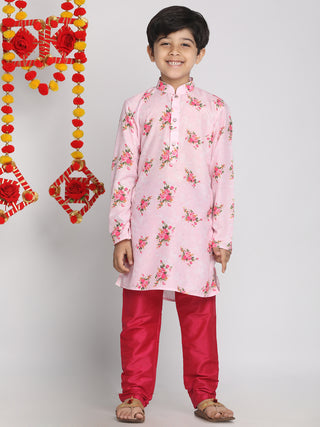 VASTRAMAY Boys' Floral Printed Multicolor-Base-Pink Kurta and Pyjama Set