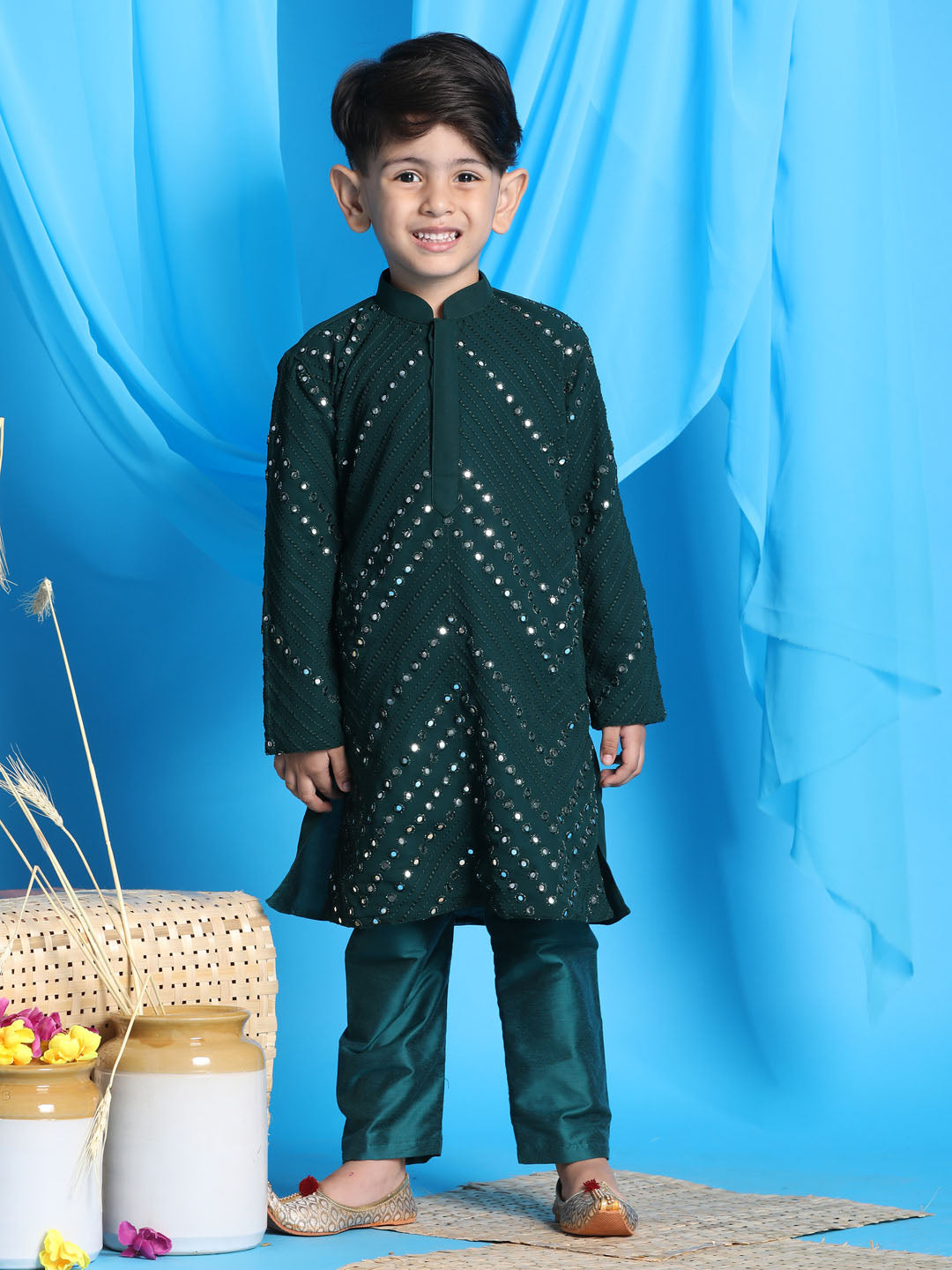 VASTRAMAY Boys Green Mirror Kurta Pyjama Set