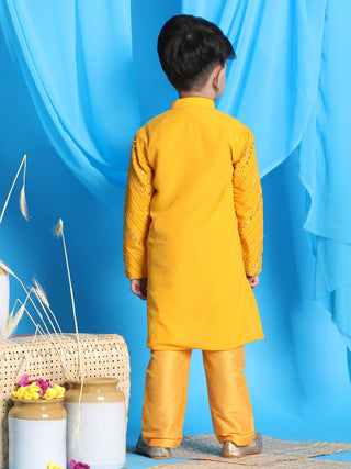 VASTRAMAY Boys' Yellow Mirror Kurta Pyjama Set