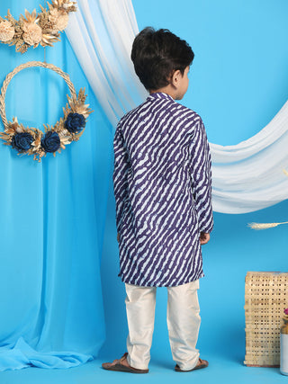 VASTRAMAY Boys' Navy Blue Printed  Kurta And Cream Pyjama Set