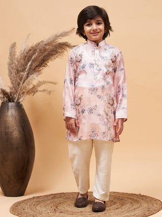 VASTRAMAY Boy's Pink Floral Printed Silk Blend Kurta Pyjama Set