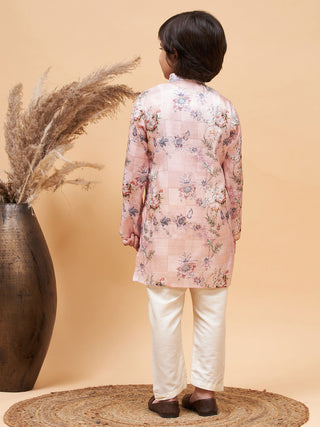 VASTRAMAY Boy's Pink Floral Printed Silk Blend Kurta Pyjama Set