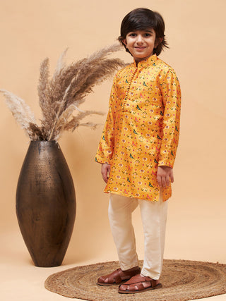 VASTRAMAY Boy's Yellow Patola Printed Kurta And Cream Pyjama Set