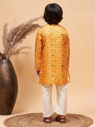 VASTRAMAY Boy's Yellow Patola Printed Kurta And Cream Pyjama Set