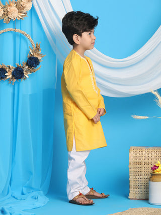 VASTRAMAY Boys' Yellow Kurta And White Pyjama Set