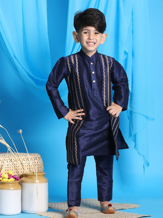 Vastramay Boys' Navy Blue Jacket Style Kurta And Navy Blue Pyjama Set