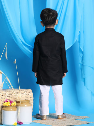 VASTRAMAY Boys' Black Jacket Style Kurta And White Pyjama Set