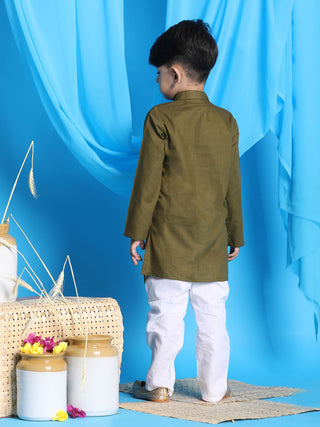 VASTRAMAY Boys' Mint Green Jacket Style Kurta And White Pyjama Set