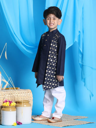 VASTRAMAY Boys' Navy Blue Jacket Style Kurta And White Pyjama Set