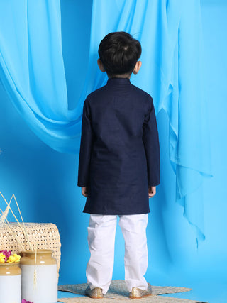VASTRAMAY Boys' Navy Blue Jacket Style Kurta And White Pyjama Set