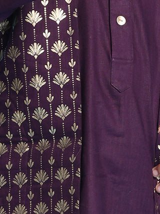 VASTRAMAY Boys' Purple Jacket Style Kurta And White Pyjama Set