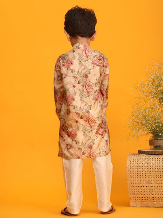 VASTRAMAY Boy's Beige Floral Printed Kurta Pyjama Set