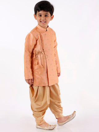 VASTRAMAY Boys' Peach Angrakha Woven Kurta With Rosegold Dhoti Pant Set