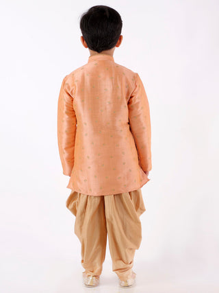 VASTRAMAY Boys' Peach Angrakha Woven Kurta With Rosegold Dhoti Pant Set