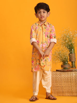 VASTRAMAY Boy's Yellow Floral Printed Kurta with Cream Solid Patiala Set