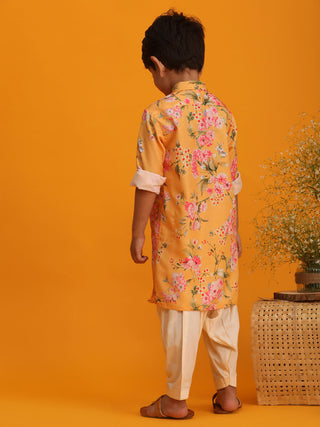 VASTRAMAY Boy's Yellow Floral Printed Kurta with Cream Solid Patiala Set