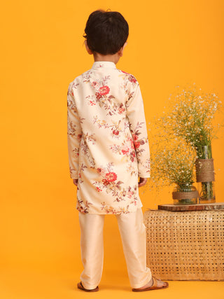 VASTRAMAY Boy's Yellow Floral Printed Angrakha Kurta with Cream Solid Pyjama Set